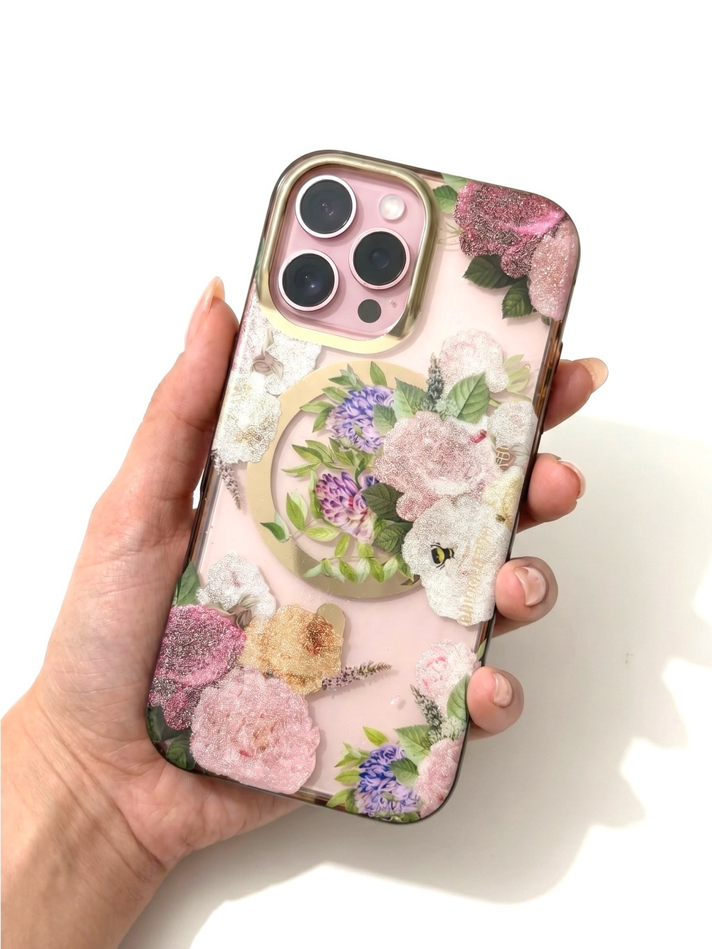 iPhone 16 Brighton Pink Floral Glitter Phone Case